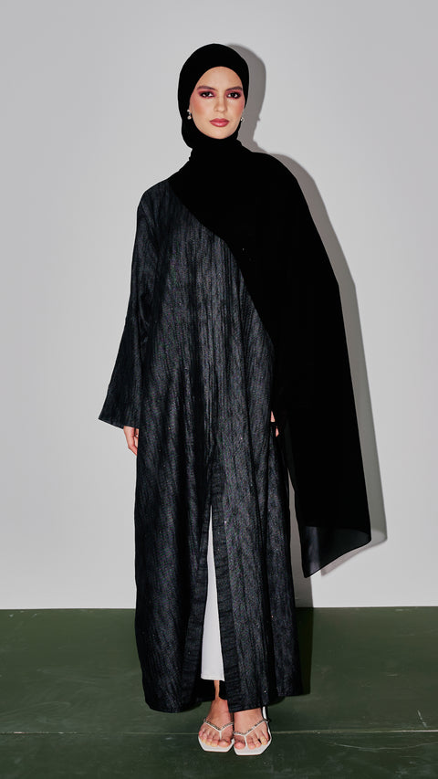 Crushed Foiled Linen Bahariya Dark Grey Abaya