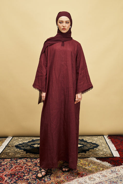 Celine Pure Linen Dress in Burgundy