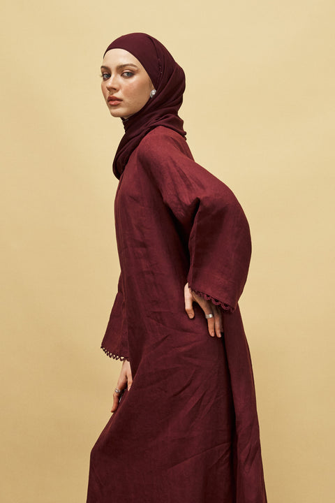 Celine Pure Linen Dress in Burgundy