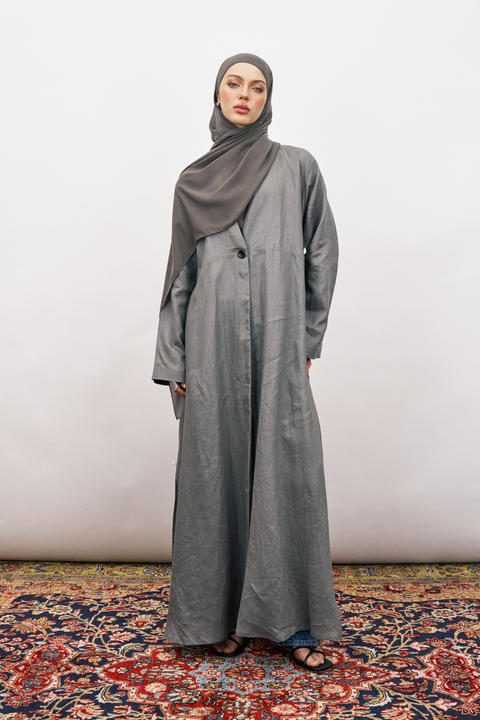 Daria Pure Linen Coat Abaya in Charcoal Grey