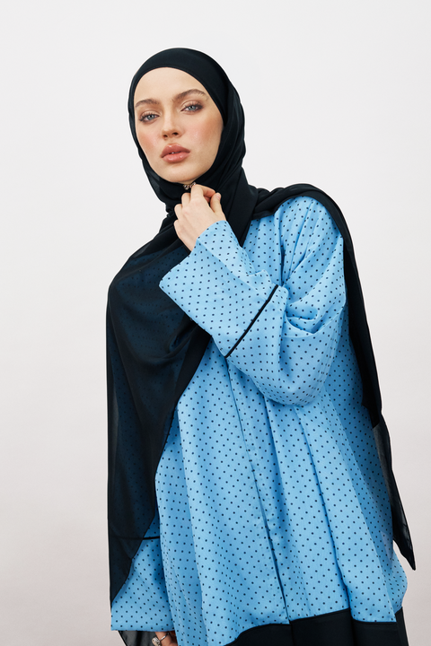 Dima Chiffon Polkadot Abaya in Dusty Denim