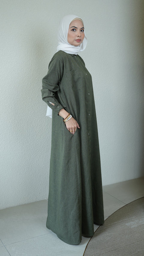 Cotton Linen Kalem Dark Jade Shirt Dress