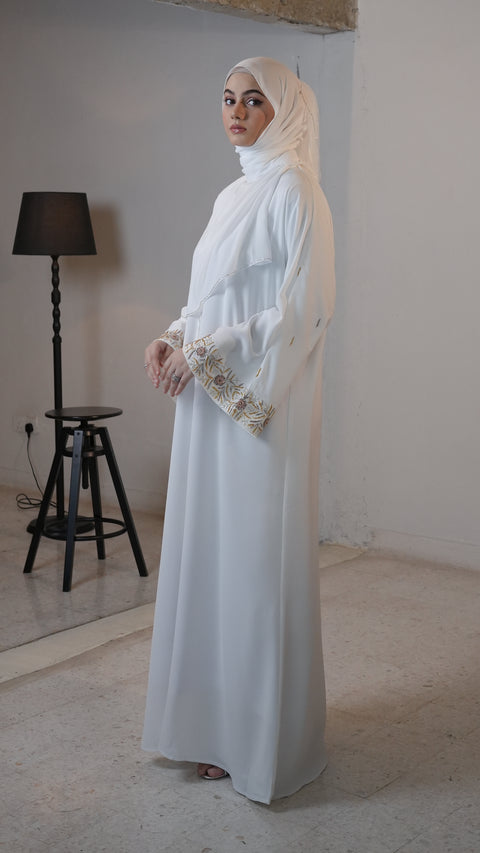 Korean Nidha Khyber White Dust Gold Abaya