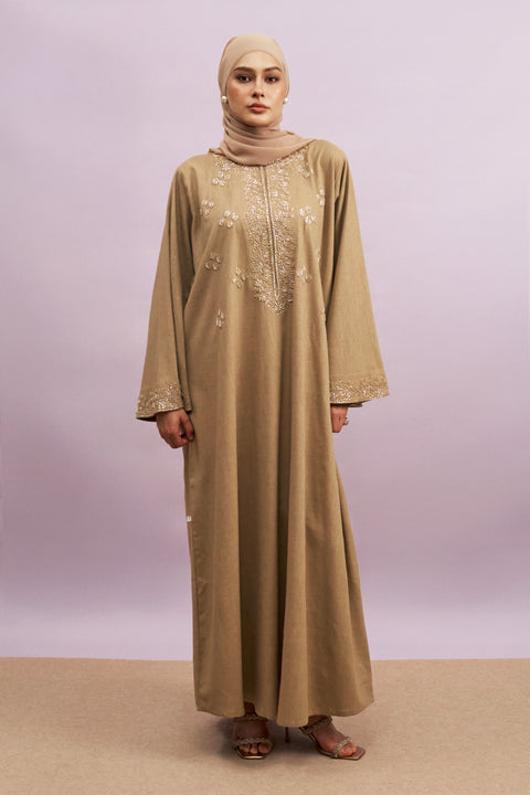 Tashkent Hand-Beaded Linen Abaya in Heather