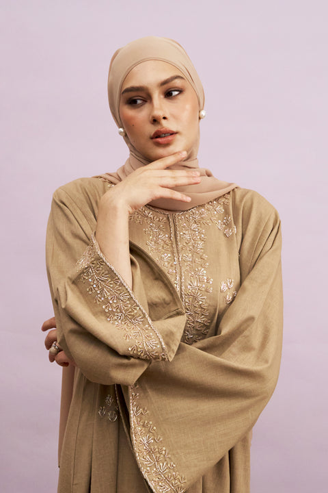 Tashkent Hand-Beaded Linen Abaya in Heather