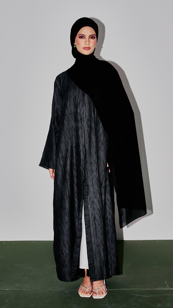 Crushed Foiled Linen Bahariya Dark Grey Abaya