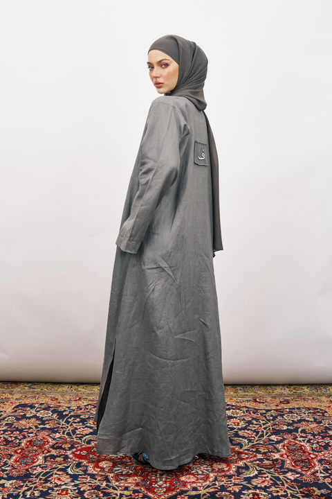 Daria Pure Linen Coat Abaya in Charcoal Grey