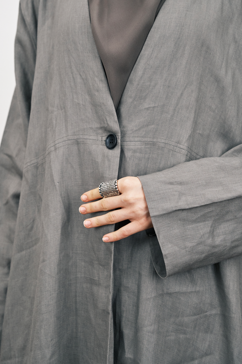 Daria Pure Linen Coat Abaya in Charcoal Grey