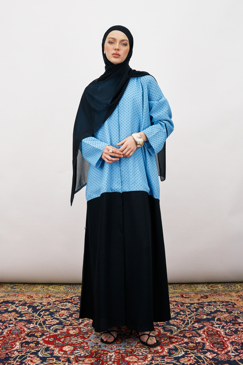 Dima Chiffon Polkadot Abaya in Dusty Denim