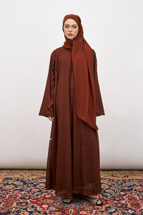 Donna Crushed Chiffon Polkadot Abaya in Burnt Sienna
