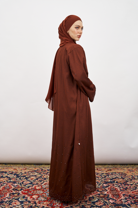 Donna Crushed Chiffon Polkadot Abaya in Burnt Sienna