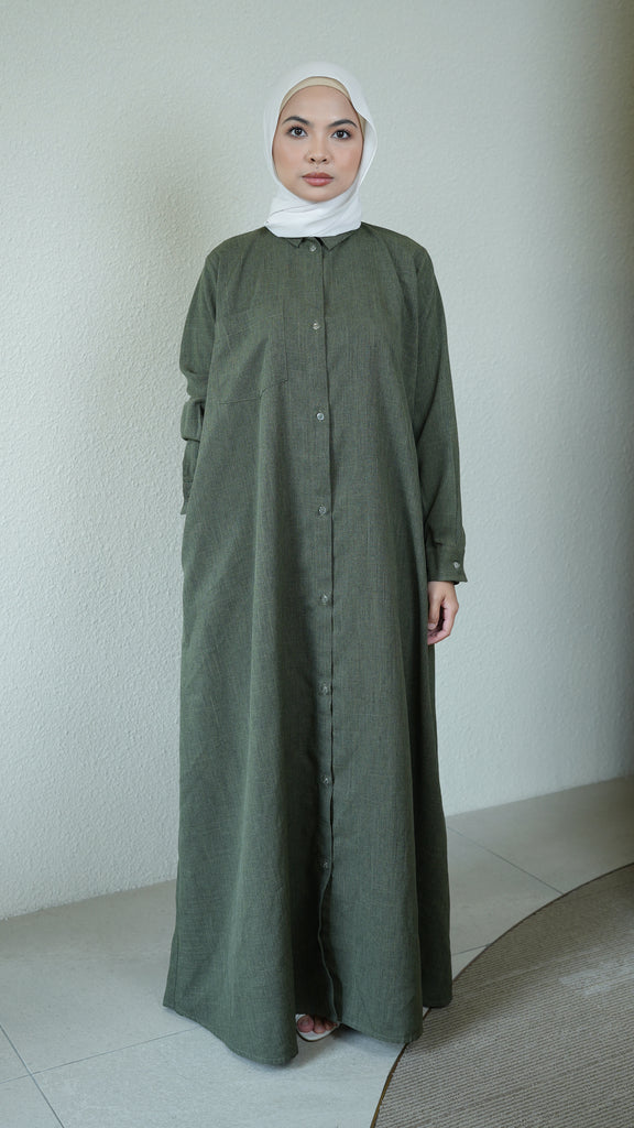 Cotton Linen Kalem Dark Jade Shirt Dress