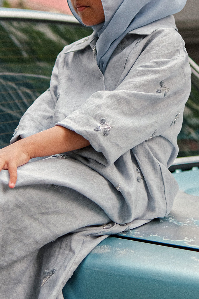 Pure Linen Emet Embroidered Kids Dress in Dusty Blue