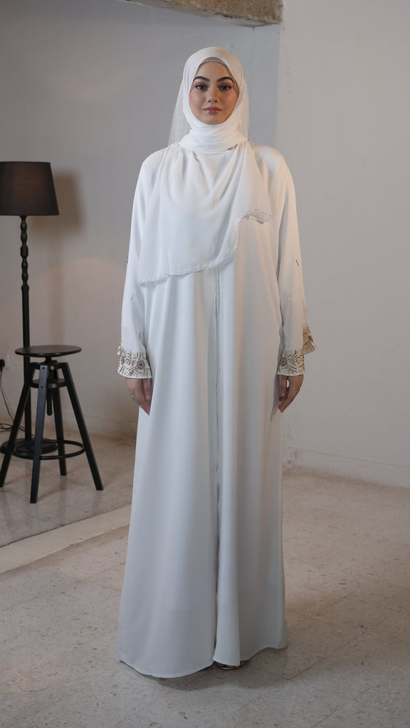 Korean Nidha Khyber White Dust Gold Abaya