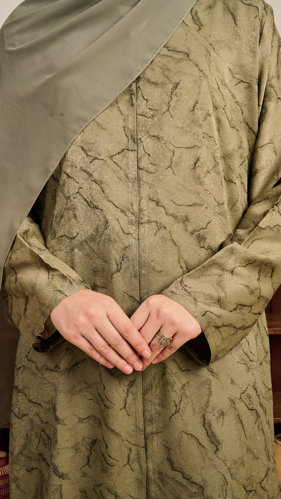 Crushed Matte Satin Mizhar Sage Green Abaya
