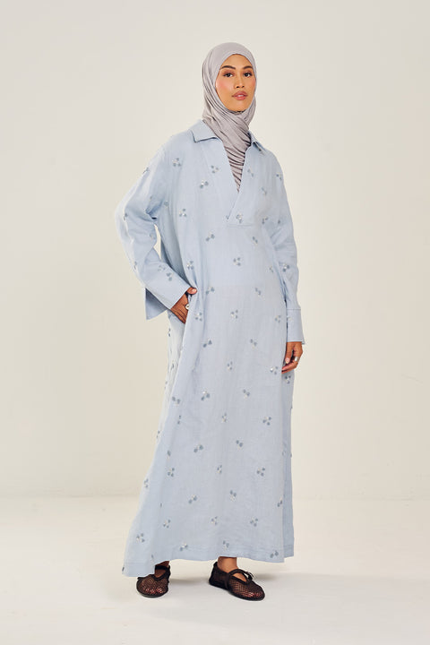 Emet Embroidered Linen Dress in Dusty Blue