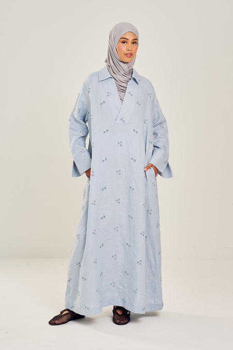 Emet Embroidered Linen Dress in Dusty Blue