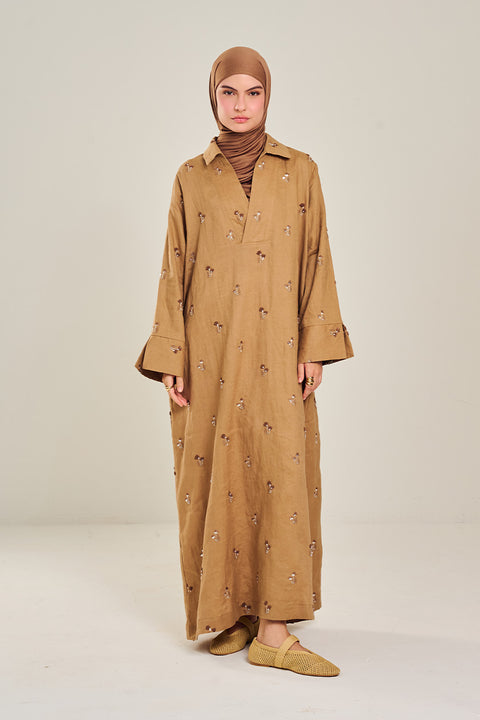 Sinai Embroidered Linen Dress in Brown
