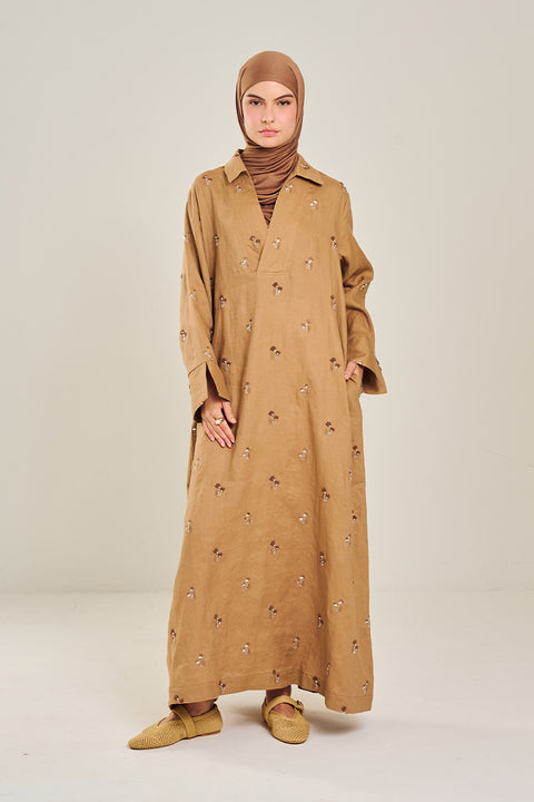 Sinai Embroidered Linen Dress in Brown