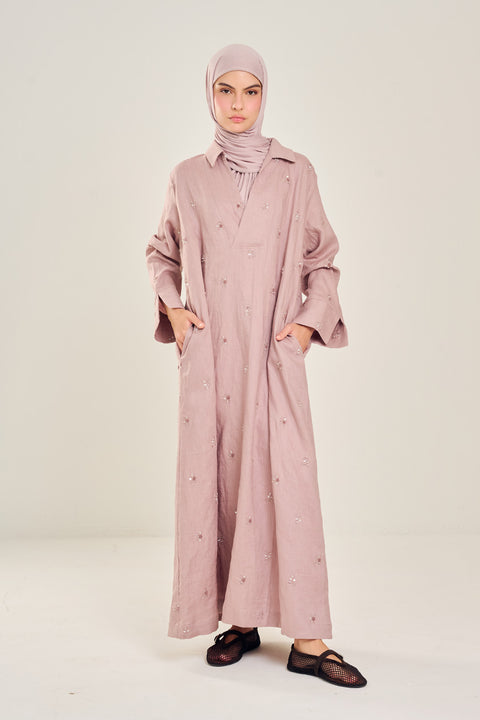 Tafila Embroidered Linen Dress in Dusty Pink