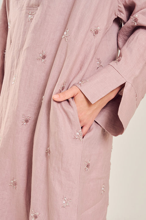 Tafila Embroidered Linen Dress in Dusty Pink