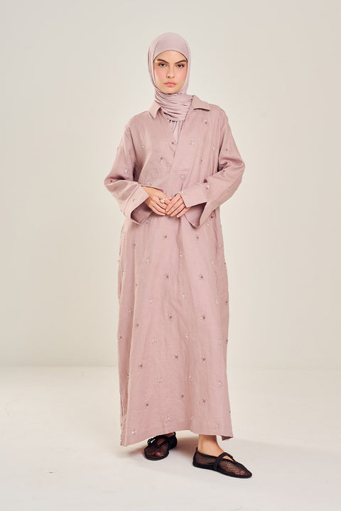 Tafila Embroidered Linen Dress in Dusty Pink
