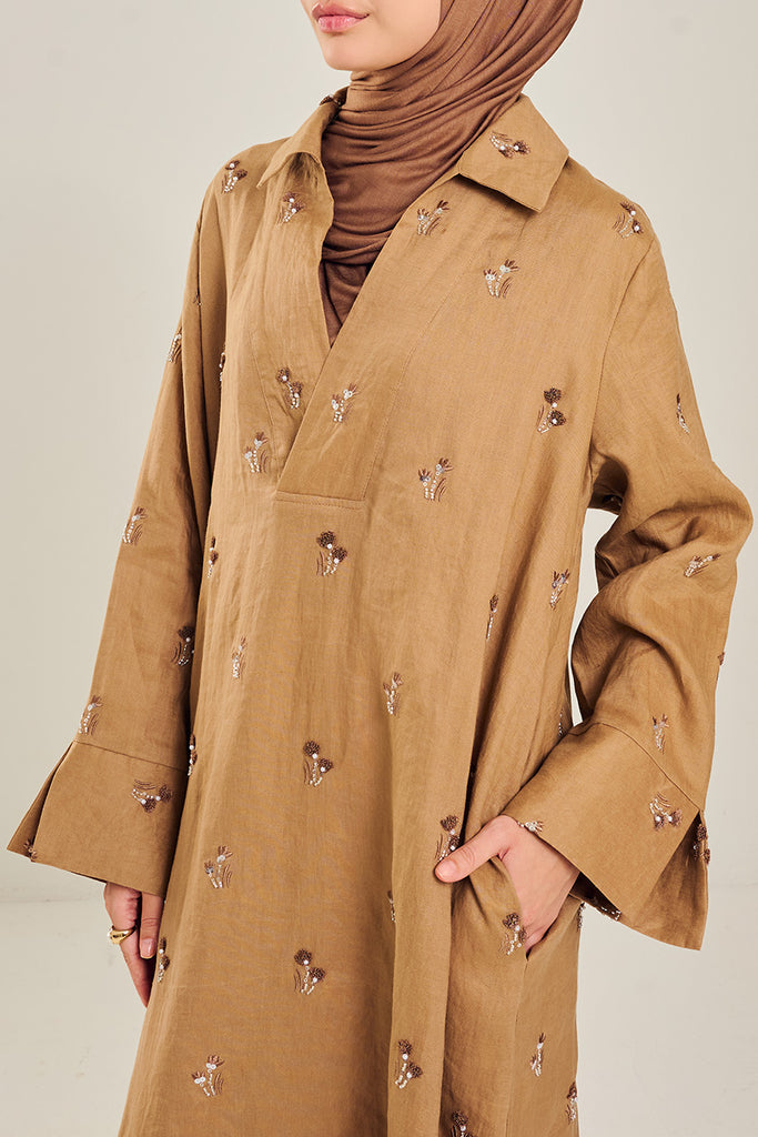Pure Linen Sinai Embroidered Dress in Brown