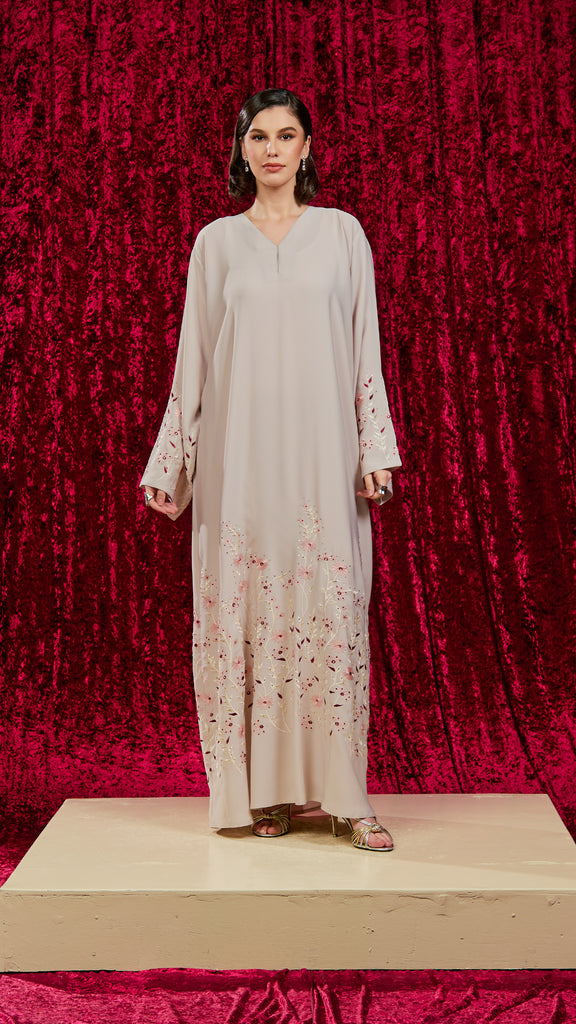 Korean Nidha Petaro Ecru Abaya