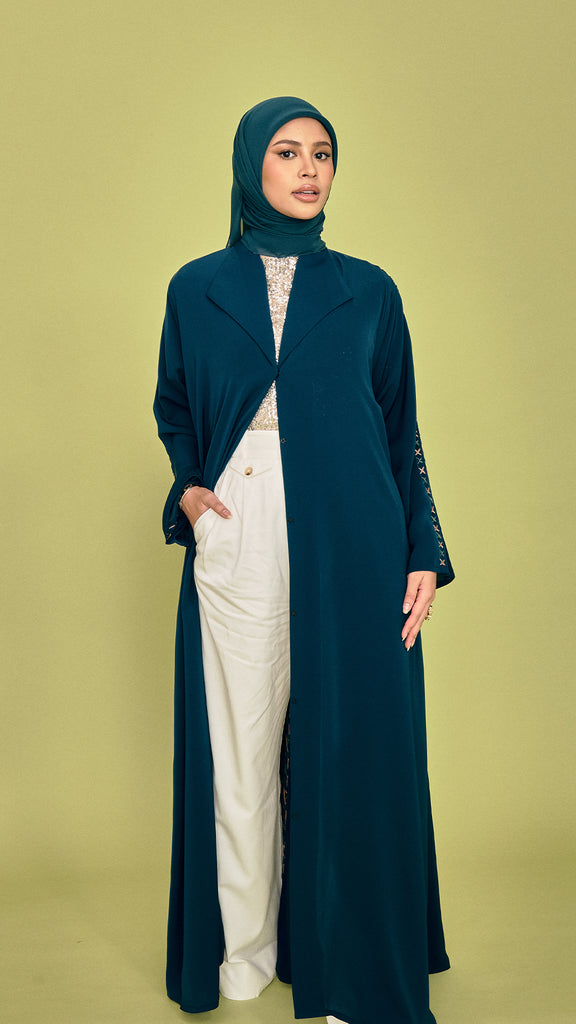 Korean Nidha Ruwi Dark Teal Green Coat Abaya