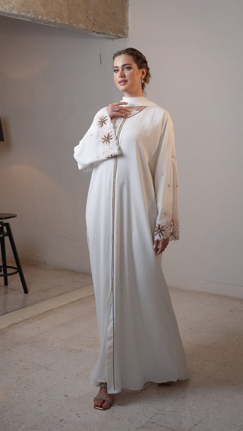 Sanabel White Olive Abaya