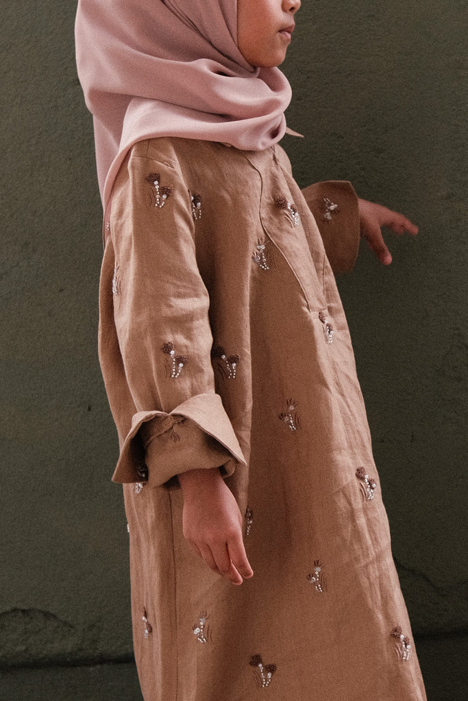 Pure Linen Sinai Embroidered Kids Dress in Brown