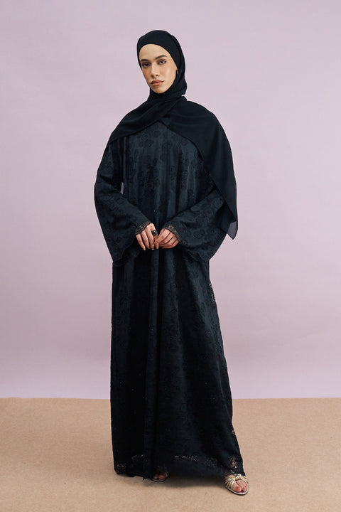 Taleen Tulle Lace Abaya in Black