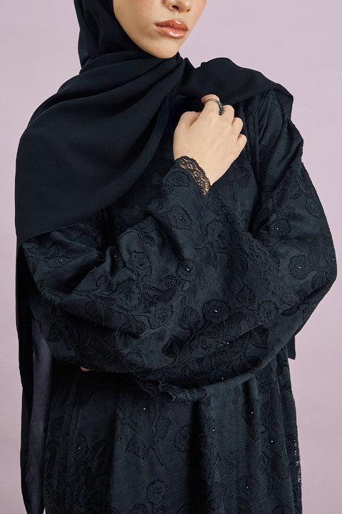 Taleen Tulle Lace Abaya in Black