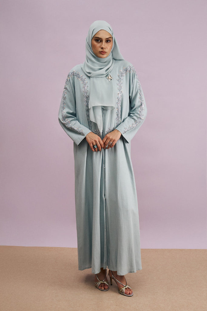 Tania Hand-Beaded Linen Abaya in Boticelli Blue