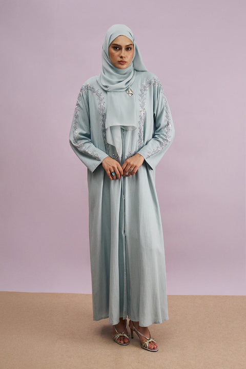 Tania Hand-Beaded Linen Abaya in Boticelli Blue