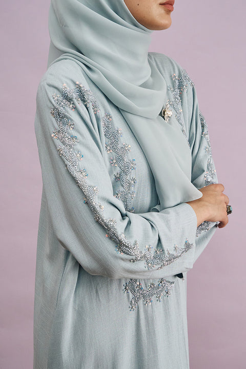 Tania Hand-Beaded Linen Abaya in Boticelli Blue