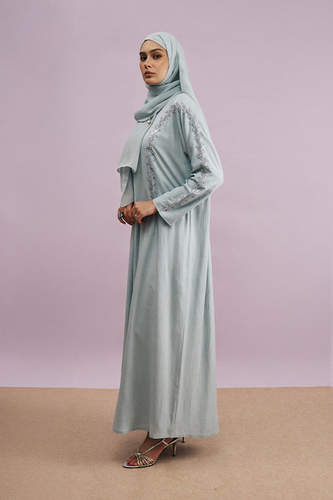Tania Hand-Beaded Linen Abaya in Boticelli Blue