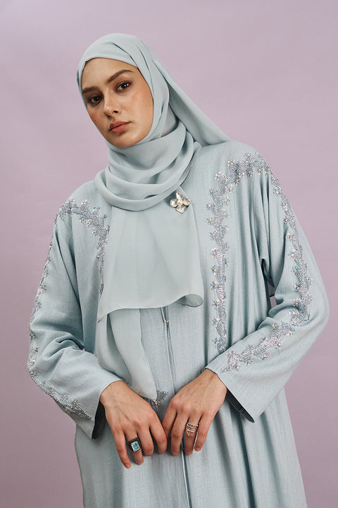 Tania Hand-Beaded Linen Abaya in Boticelli Blue
