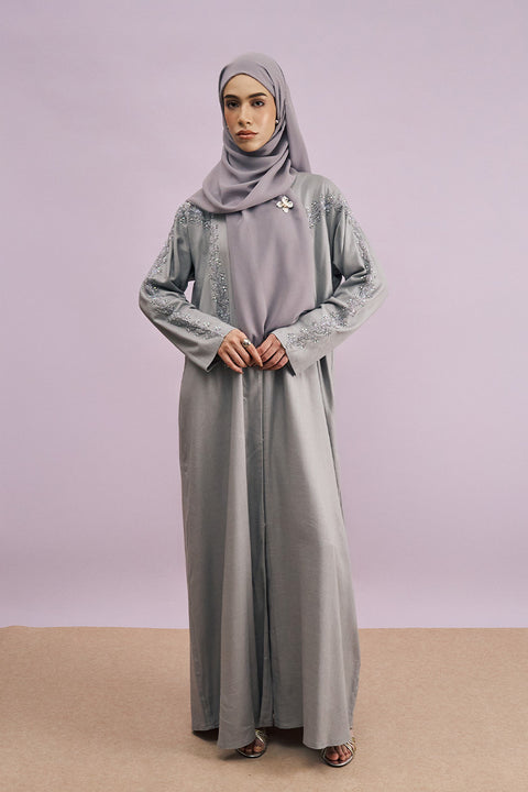 Tania Hand-Beaded Linen Abaya in Cloud