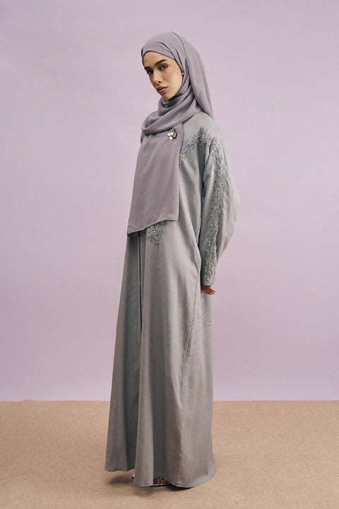 Tania Hand-Beaded Linen Abaya in Cloud