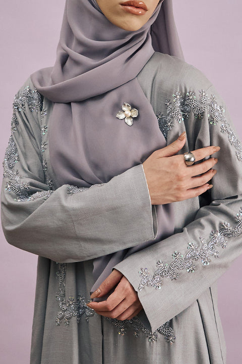 Tania Hand-Beaded Linen Abaya in Cloud
