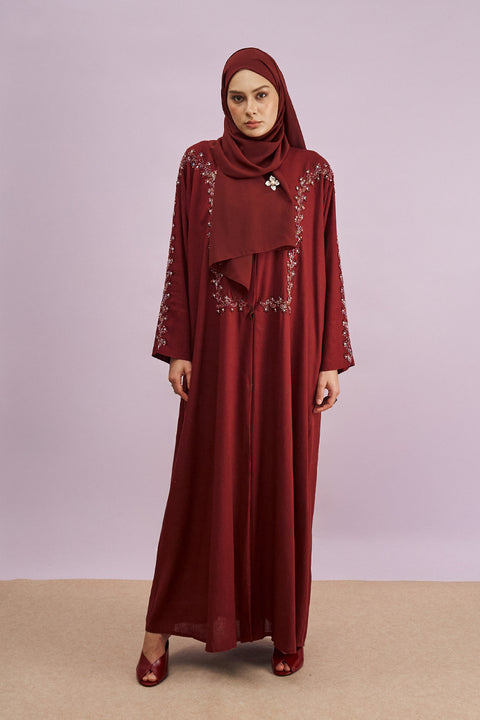 Tania Hand-Beaded Linen Abaya in Cherrywood