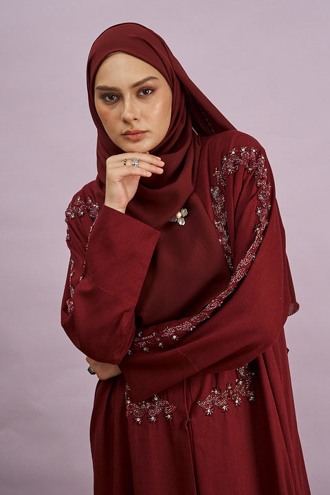 Tania Hand-Beaded Linen Abaya in Cherrywood