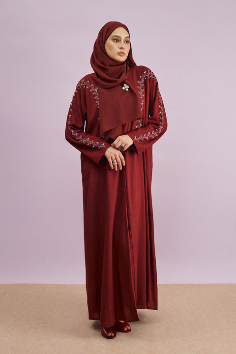 Tania Hand-Beaded Linen Abaya in Cherrywood