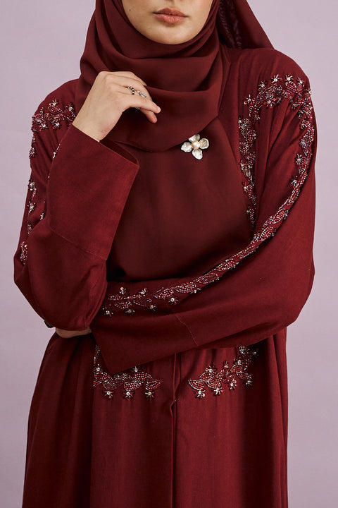 Tania Hand-Beaded Linen Abaya in Cherrywood