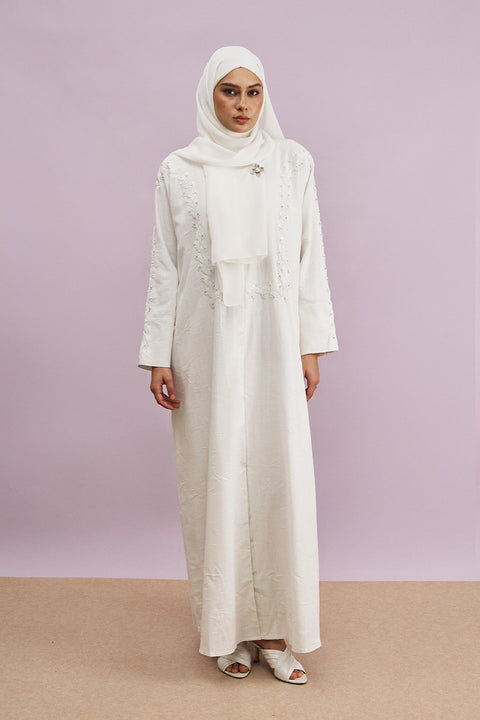 Tania Hand-Beaded Linen Abaya in Pearl