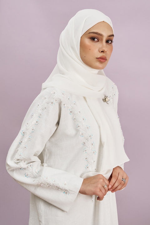Tania Hand-Beaded Linen Abaya in Pearl