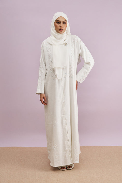 Tania Hand-Beaded Linen Abaya in Pearl