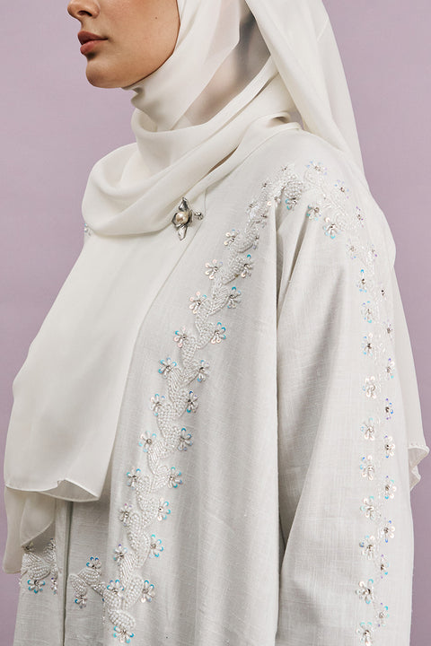 Tania Hand-Beaded Linen Abaya in Pearl