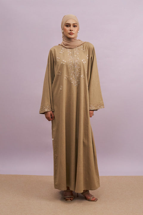 Tashkent Hand-Beaded Linen Abaya in Heather